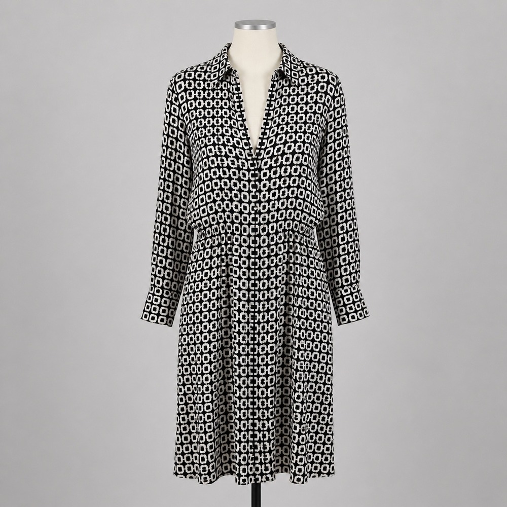 Max Mara Studio Silk Shirt Dress 10 Black White Geometric Midi Long Sleeve